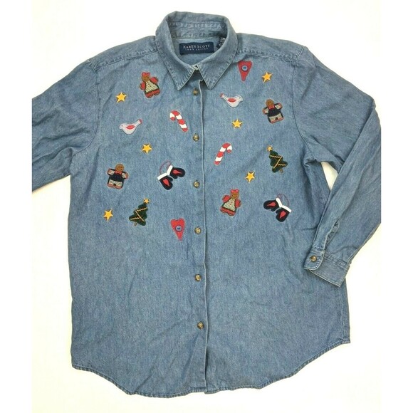 Vintage Karen Scott Denim /‎ Chambray Button Up Christmas Embroidered Shirt - Picture 1 of 4
